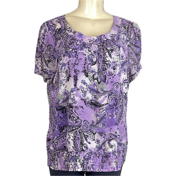 Apt 9 L Purple Floral Lined Button Crew Neck Shirred Hemline Short Sleeve Blouse - Picture 2 of 6